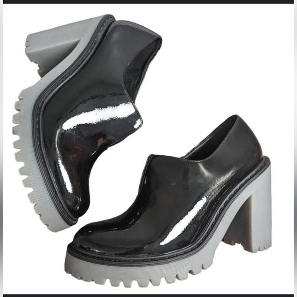 Black Patent Chunky Lug Heel Slip-On Shoes